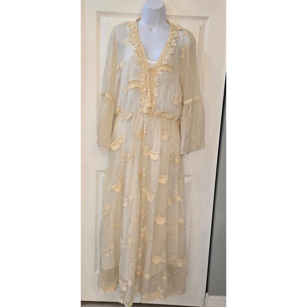 Lucy Paris Fairy Sheer boho chic Crochet bell sleeve Maxi dress Ethereal Med - Picture 5 of 16